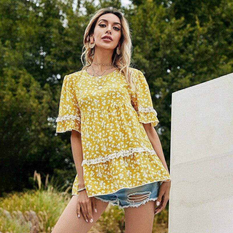 Women's Bohemian Summer Top - Elbow Length Sleeves / Floral Trim / Yellow
