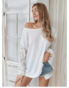 Boho Yellow Flowers White Knit Pullover