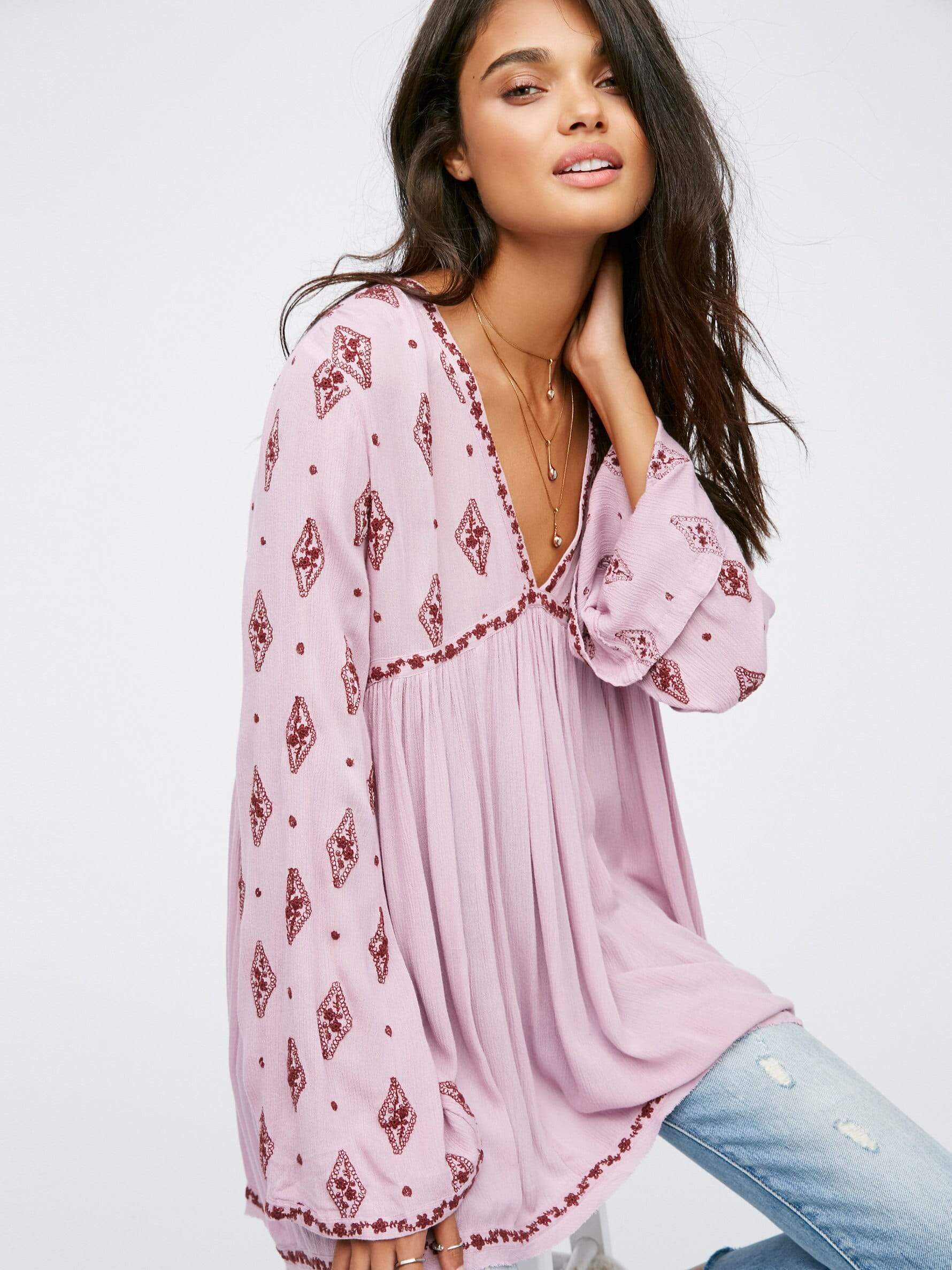 Chic Flared Boho Blouse in Light Pink