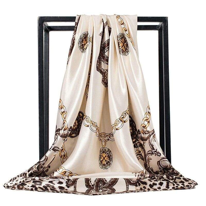 Boho vintage White Scarf with Gold chains and Leopard print