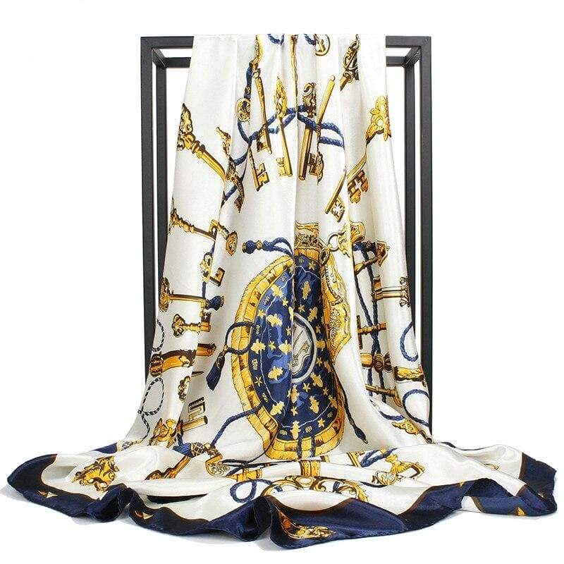 Boho antique White Scarf printed blue and yellow