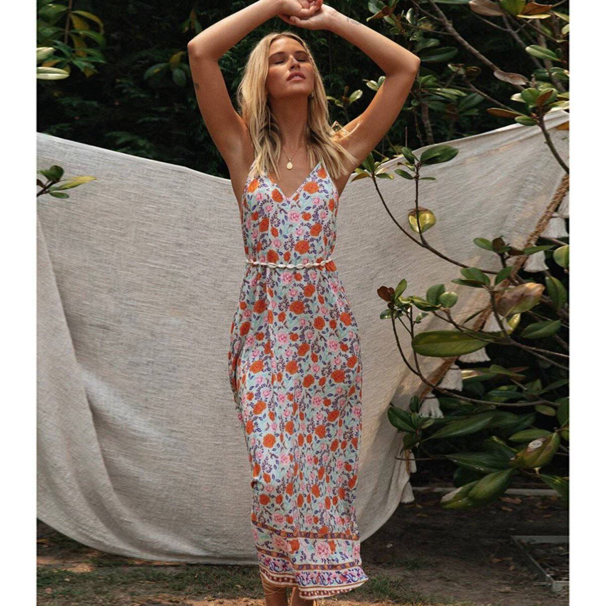 Hippie Mid-Length Dress with Floral Print