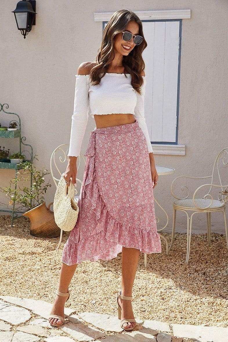 Boho Asymmetrical Midi Skirt with Floral Print