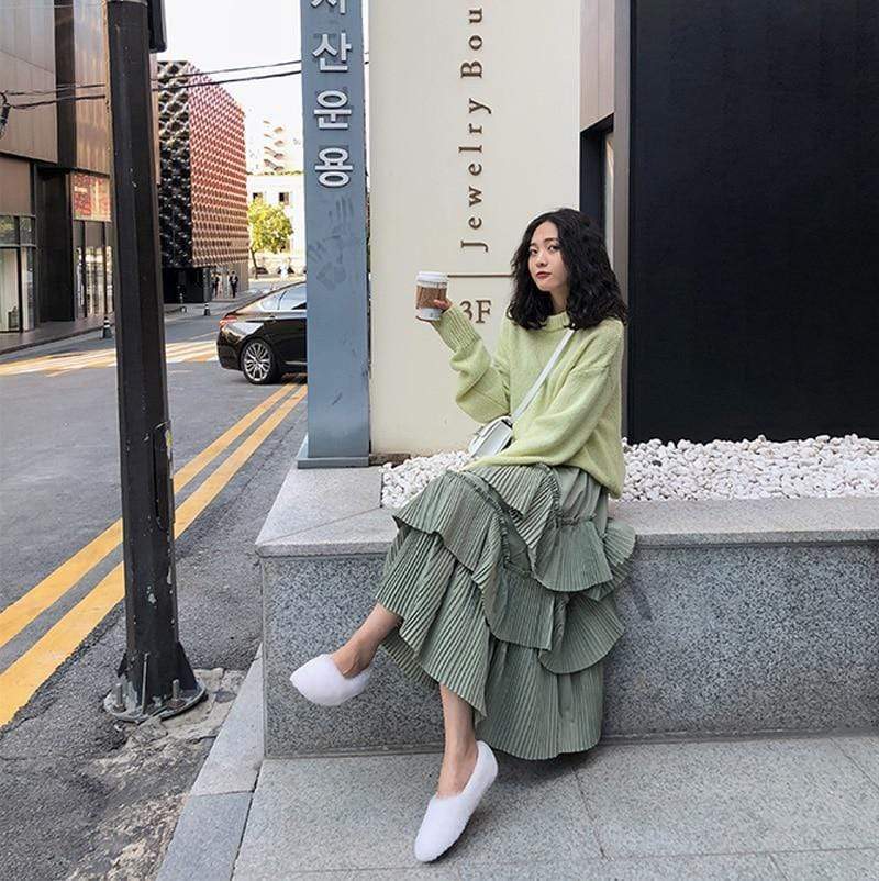 Pastel Korean Ruffle Flower Ulzzang Long Skirt