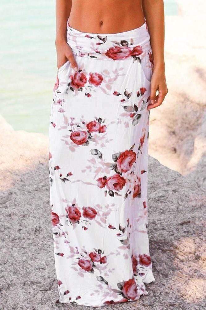 Boho Beach Skirt with Printed Roses