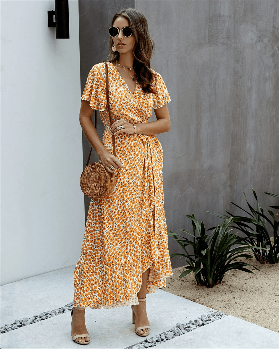 Mid-Length Boho Dress in with Sunflower Print | Boho Mood