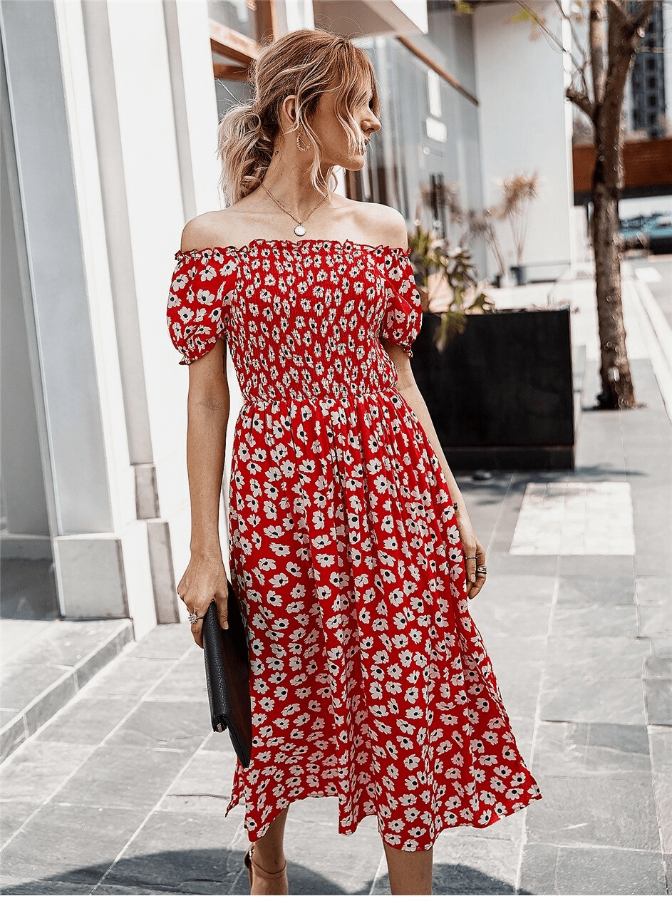 White off the shoulder dress with sale red flowers