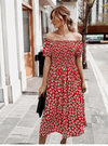 Red Boho Midi Dress with Flowers Printed