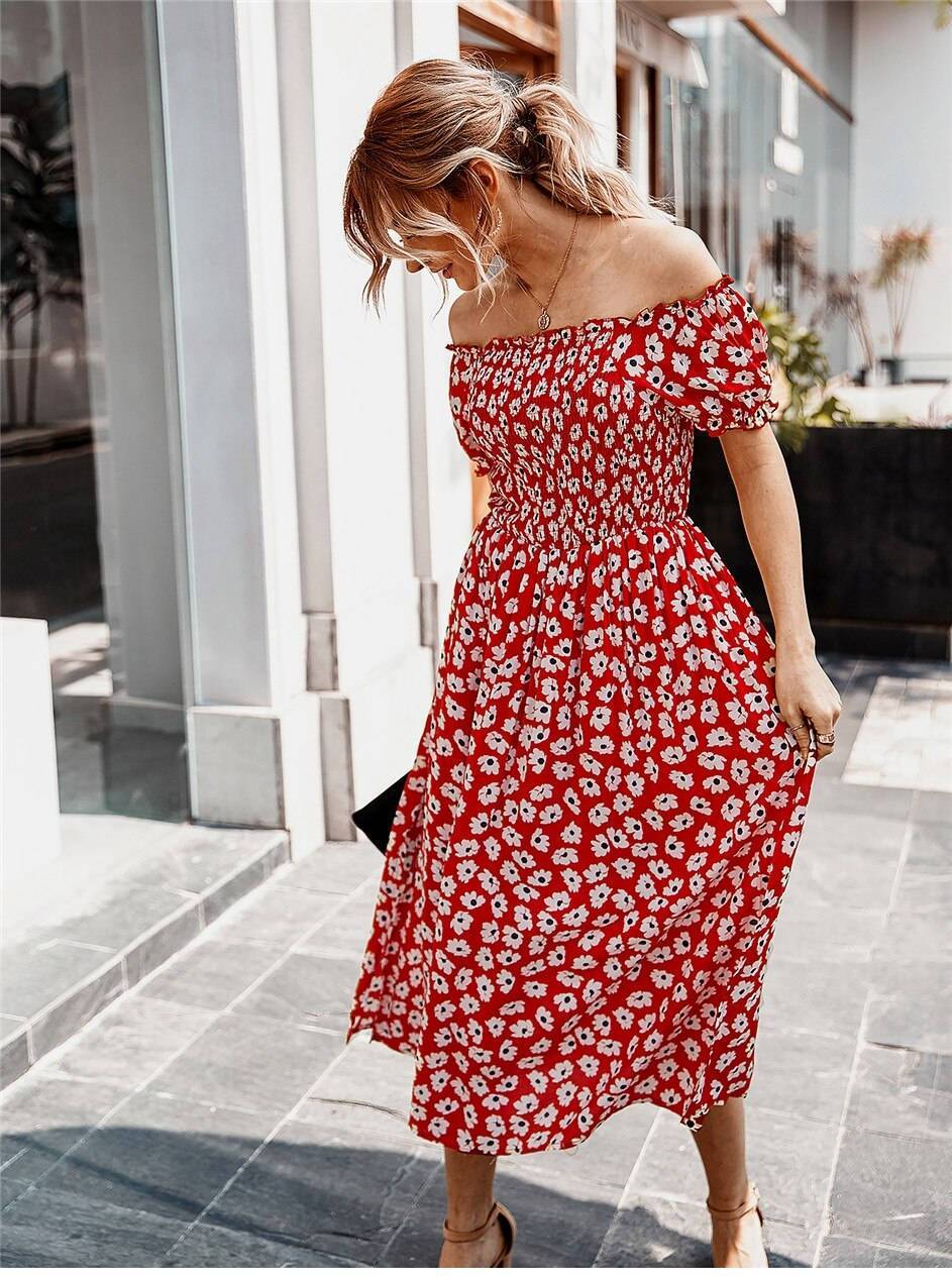 Red Boho Midi Dress with Flowers Printed