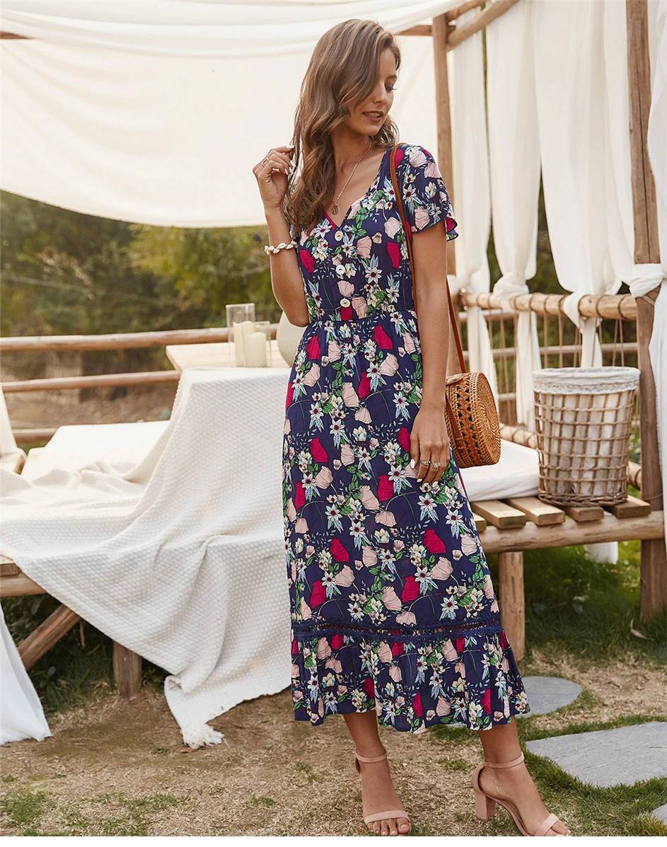 Summer Boho Long Dress Women Floral Print Puff Sleeve Loose Maxi