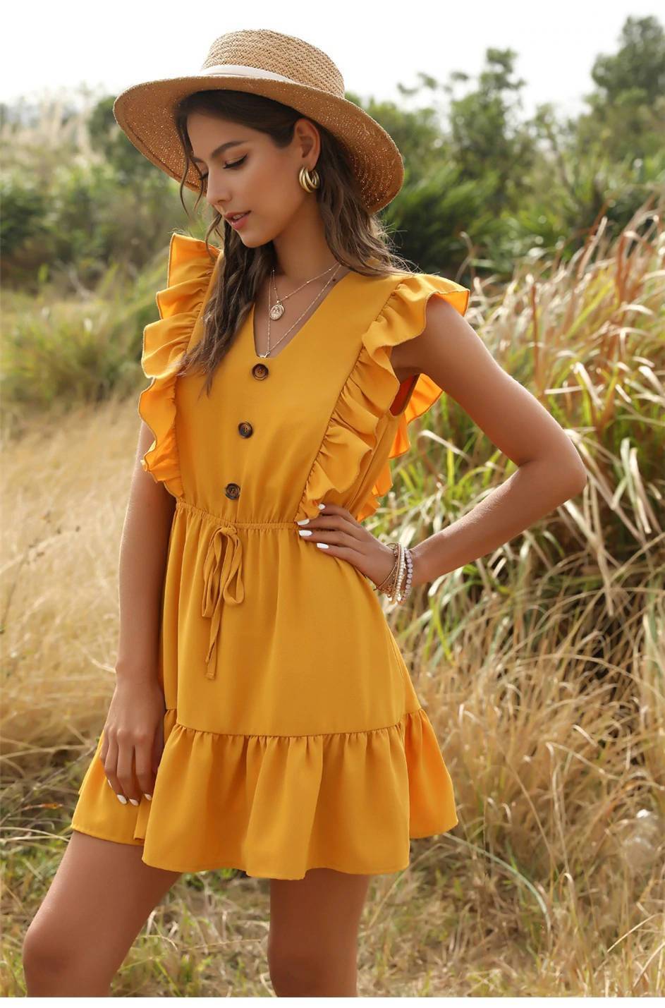 Ruffled Yellow Mini Hippie Dress