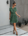 Short Hippie Chic Dress in Green with Leopard Print