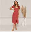 Split Hippie Mid-Length Dress with Floral Print in Red
