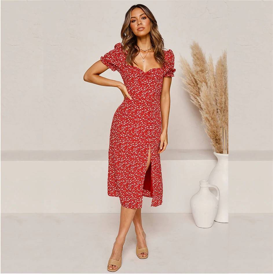 Split Hippie Mid-Length Dress with Floral Print in Red