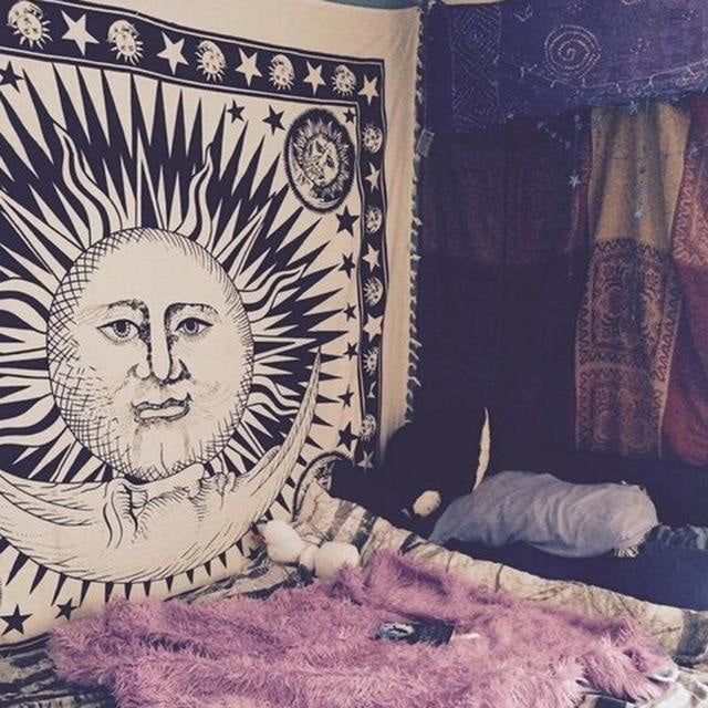 White Boho Sun Moon Tapestry