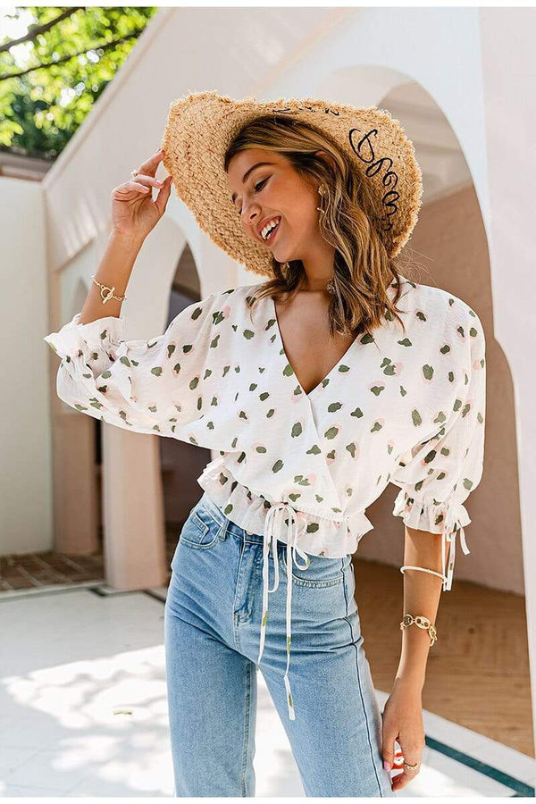 Womens Boho Tops and Blouses 3/4 Sleeve T Shirts for Women Hippie Clothes V  Neck Ladies Dressy Shirts Fashin Ruffle Tuinc Top