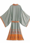 Boho blue kimono belted orange print