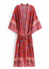Long Boho Kimono Belted Red Floral