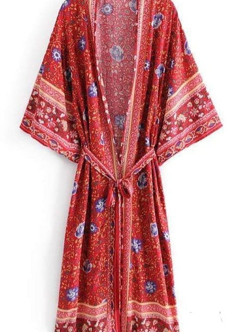 Long Boho Kimono Belted Red Floral