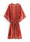 Long Boho Kimono Red Floral with Belt