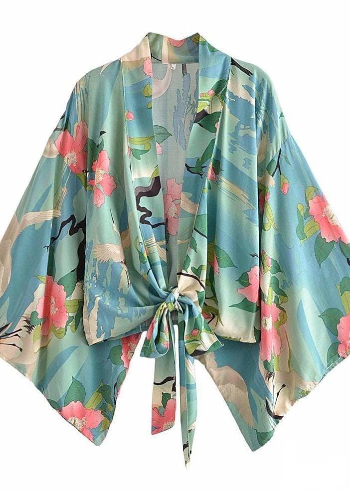 Cropped Boho Kimono Green Floral