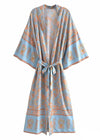 Long Stylish Pale Blue Floral Boho Kimono