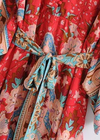 Long Boho Kimono Red Floral with Buttons